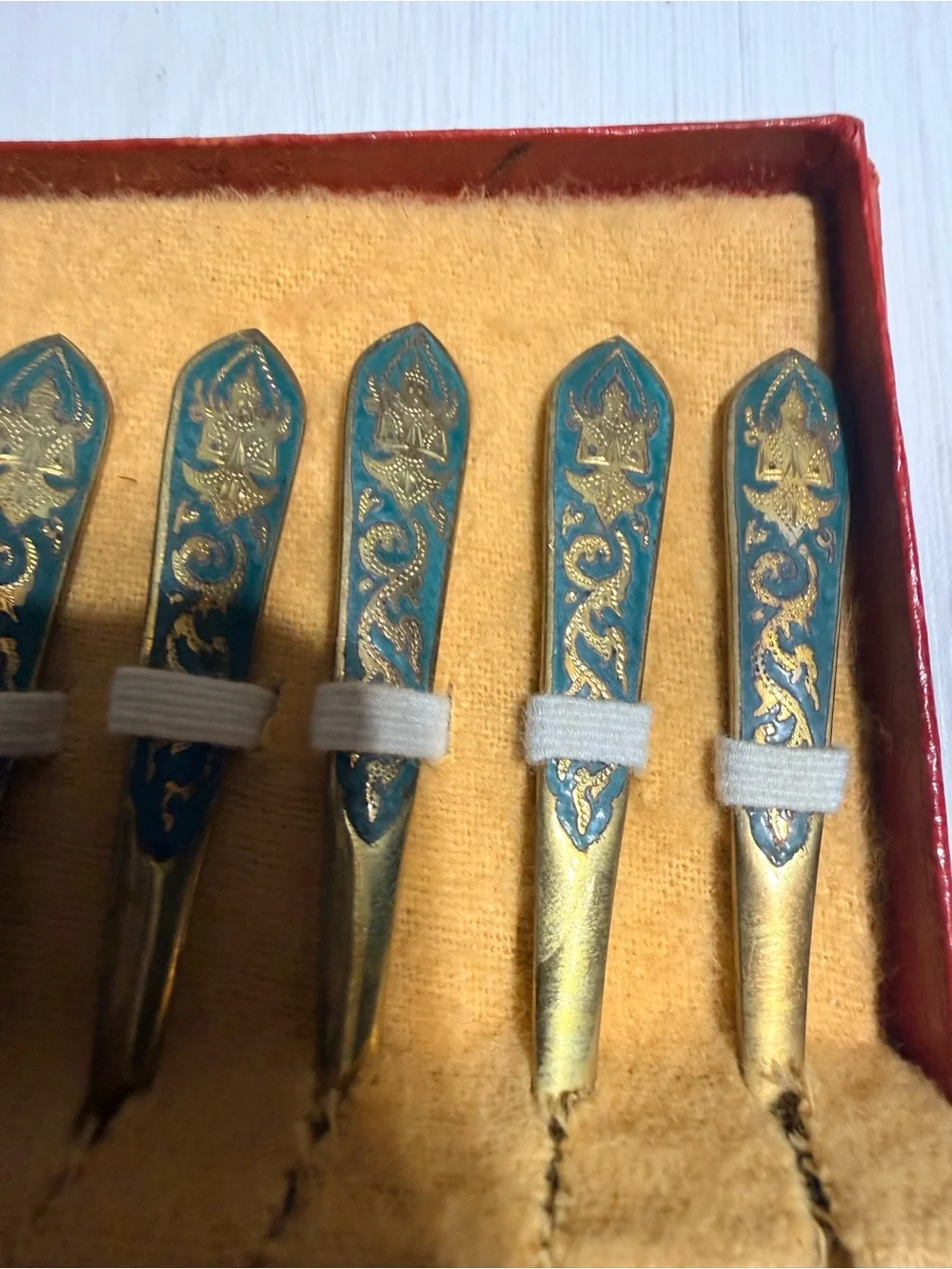 Vintage Brass Dessert Fork Set with Teal Floral Handles